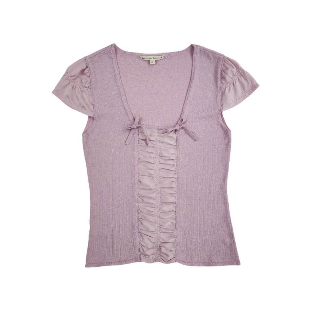 Purple milkmaid peasant blouse with bow detailing and satin cap sleeves